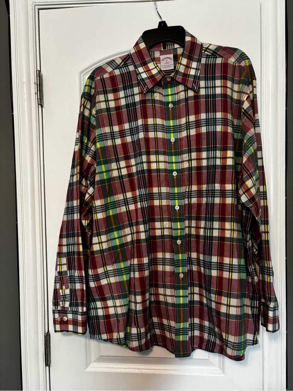 Brooks Brothers Burgundy Green Yellow Plaid Button-Down Shirt XL